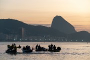 Festive dawn, boats leaving the sea in the celebration of the centenary of the Fishing village Z-13 - on Post 6 of Copacabana Beach - Rio de Janeiro city - Rio de Janeiro state (RJ) - Brazil