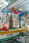 Santeiro boat with an image of Saint Peter, patron saint of fishermen, in the celebration of the centenary of the Fishing village Z-13 - on Post 6 of Copacabana Beach - Rio de Janeiro city - Rio de Janeiro state (RJ) - Brazil