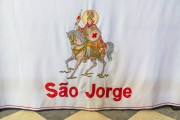 Embroidered with the image of Saint George on fabric on the altar - Church of the Martyrs Sao Gonçalo Garcia and Sao Jorge, better known as the Church of Sao Jorge - Located on the corner of Alfandega Street and Republica Square - Rio de Janeiro city - Rio de Janeiro state (RJ) - Brazil
