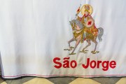 Embroidered with the image of Saint George on fabric on the altar - Church of the Martyrs Sao Gonçalo Garcia and Sao Jorge, better known as the Church of Sao Jorge - Located on the corner of Alfandega Street and Republica Square - Rio de Janeiro city - Rio de Janeiro state (RJ) - Brazil