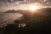 Picture taken with drone of sunset on Ipanema Beach with a skate park in the foreground - Rio de Janeiro city - Rio de Janeiro state (RJ) - Brazil