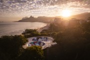 Picture taken with drone of sunset on Ipanema Beach with a skate park in the foreground - Rio de Janeiro city - Rio de Janeiro state (RJ) - Brazil