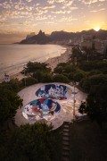 Picture taken with drone of sunset on Ipanema Beach with a skate park in the foreground - Rio de Janeiro city - Rio de Janeiro state (RJ) - Brazil