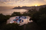 Picture taken with drone of sunset on Ipanema Beach with a skate park in the foreground - Rio de Janeiro city - Rio de Janeiro state (RJ) - Brazil