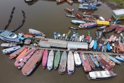 Picture taken with drone of vessels moored at the port of Uniao neighborhood - Parintins city - Amazonas state (AM) - Brazil