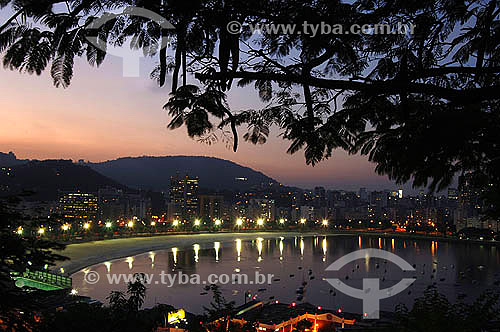  Vista noturna da Praia de Botafogo com uma árvore em primeiro plano - Rio de Janeiro - RJ - Brasil  - Rio de Janeiro - Rio de Janeiro - Brasil