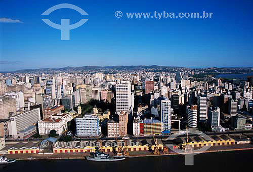  Aérea do centro de Porto Alegre com porto a frente - Delta do Rio Jacuí - RS - Brasil  - Porto Alegre - Rio Grande do Sul - Brasil