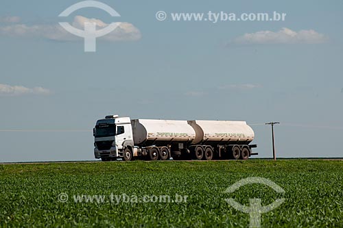  Assunto: Caminhão de combustível passando em plantação de soja - Trecho da Rodovia BR - 153  / Local: Rondonópolis - Mato Grosso (MT) - Brasil / Data: 12/2011 