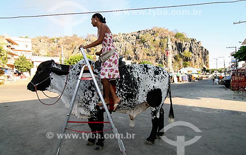  Mulher utilizando boi como transporte  - Bom Jesus da Lapa - Bahia (BA) - Brasil