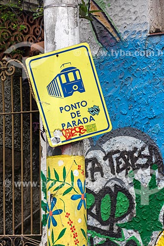  Placa indicando local de ponto de parada do Bonde de Santa Teresa  - Rio de Janeiro - Rio de Janeiro (RJ) - Brasil