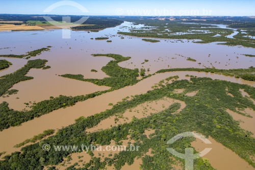 Foto feita com drone de cheia no Rio Iguaçu no ano de 2023 - São Mateus do Sul - Paraná (PR) - Brasil