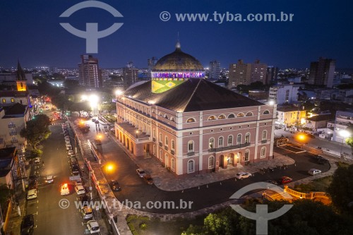 Foto feita com drone do Teatro Amazonas (1896) ao entardecer - Manaus - Amazonas (AM) - Brasil