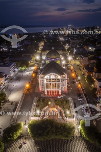 Foto feita com drone do Teatro Amazonas (1896) ao entardecer - Manaus - Amazonas (AM) - Brasil