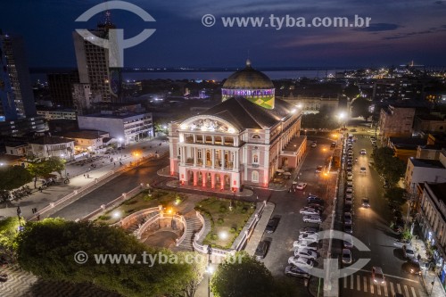 Foto feita com drone do Teatro Amazonas (1896) ao entardecer - Manaus - Amazonas (AM) - Brasil