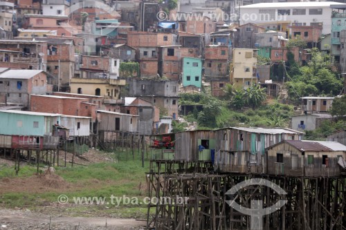 Casas de palafita durante seca do Rio Negro - Manaus - Amazonas (AM) - Brasil
