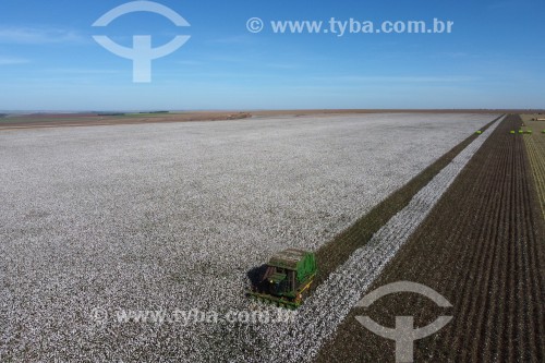 Foto feita com drone de colheita mecanizada de algodão - colheitadeira de fuso realiza a catação e o enfardamento do algodão - Chapadão do Céu - Goiás (GO) - Brasil