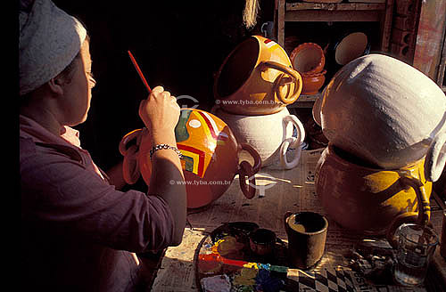  Handmade Ceramics - Craftswoman painting pots - Brazil 