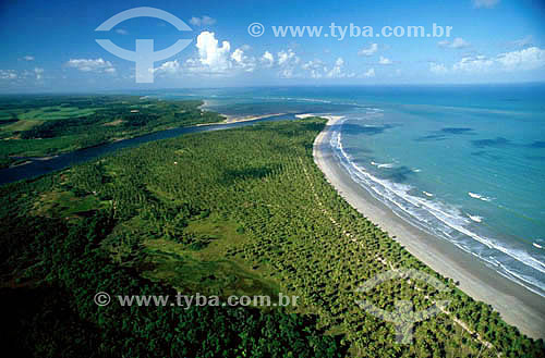  Aerial sight of the beach and the meeting between the ocean and the river - Maceio city - Alagoas state - Brazil 