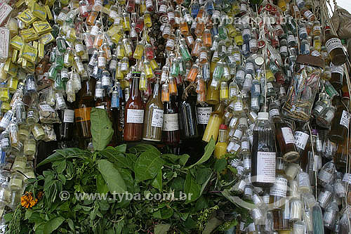  Bottles of medicines and perfums made of Amazon Rain Forest herbs - Ver-o-Pêso Market - Belem city - Para state - Brazil - 2004 