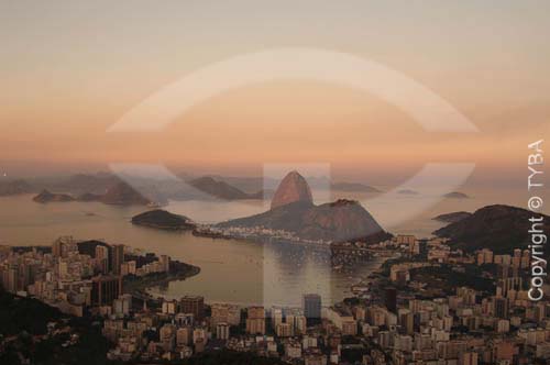  Panoramic view of the  Botafogo Cove with the Sugar Loaf Mountain* at the sunrise- Rio de Janeiro city - Rio de Janeiro state - Brazil *Commonly called Sugar Loaf Mountain, the entire rock formation also includes Urca Mountain and Sugar Loaf itself  