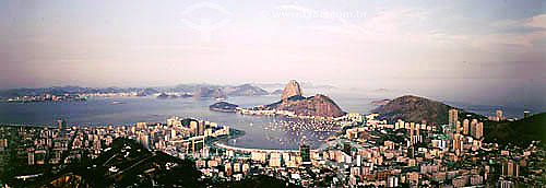  Panoramic view showing from left to right Guanabara Bay , Botafogo Cove and beach with buildings and Sugar Loaf (*) Mountain - Rio de Janeiro city - Rio de Janeiro state - Brazil  *Commonly called Sugar Loaf Mountain, the entire rock formation also  