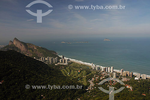  Aerial view of Sao Conrado neighbourhood with the Two Brothers  on the background - Rio de Janeiro city - Rio de Janeiro state - Brazil 