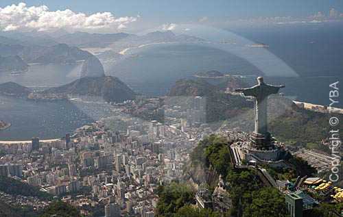  Aerial view of Cristo Redentor (Christ the Redeemer) and in the background: the buildings on Botafogo Cove and the Sugar Loaf Mountain - Rio de Janeiro city - Rio de Janeiro state - Brazil 