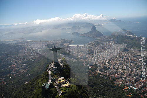  Aerial view of Cristo Redentor (Christ the Redeemer) with the buildings on Botafogo Cove and the Sugar Loaf Mountain in the background - Rio de Janeiro city - Rio de Janeiro state - Brazil 