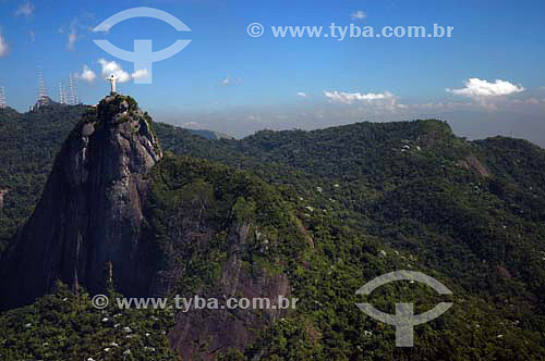  Aerial view of Christ the Redeemer statue  with forested mountains in the backround - Rio de Janeiro city - Rio  de Janeiro state - Brazil 
