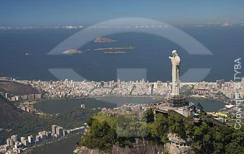  Aerial view of Cristo Redentor (Christ the Redeemer) and the Lagoa Rodrigo de Freitas (Rodrigo de Freitas Lagoon)* in the background - Rio de Janeiro city - Rio de Janeiro state - Brazil  *National Historic Site since 19-06-2000 