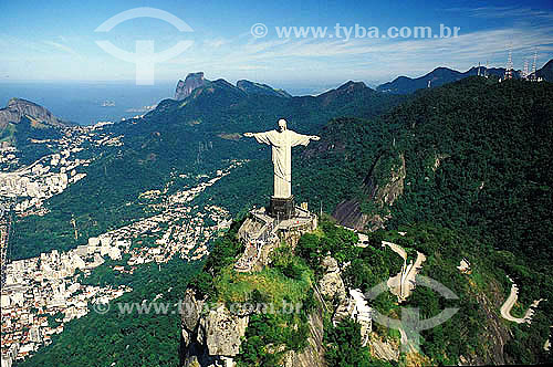  Aerial view of Christ the Redeemer statue with Two Brothers Hill and Gavea Rock in the background - Rio de Janeiro city - Rio de Janeiro state - Brazil 