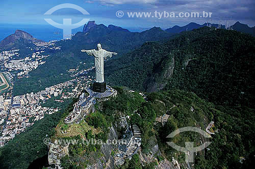  Aerial view of Christ the Redeemer statue with part of Gavea racecourt, Two Brothers hill and Gavea Rock in the background - Rio de Janeiro city - Rio de Janeiro state - Brazil 