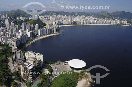  Aerial view of Contemporay Art Museum (MAC) with Niteroi city in the background - Rio de Janeiro state - Brazil 