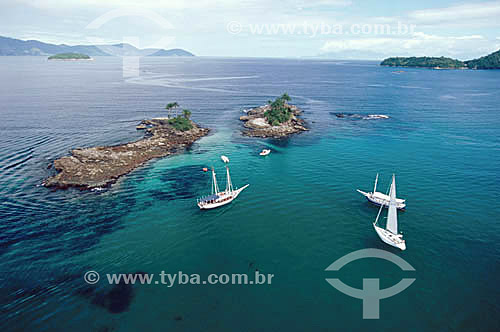  Boats on the sea next to islands at Angra dos Reis city region - Rio de Janeiro state south coast - Brazil 