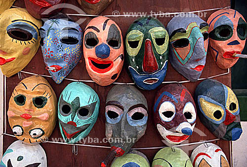  Detail of hand-crafted masks for sale on the streets of the city of Parati* - Costa Verde (Green Coast) - Rio de Janeiro state - Brazil  *The historic colonial city of Parati dates from the end of the 16th or beginning of the 17th centuries. It was  