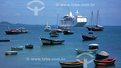  Small fishing boats with Transatlantic on the background - Buzios town - Rio de Janeiro state - Brazil 