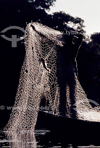  Fishing - Fisherman silhouette with fishing net 