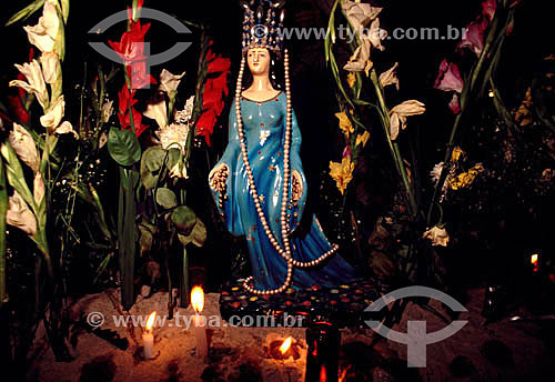  Image of Iemanjá with lit candles and flowers - Salvador city - Bahia state - Brazil 