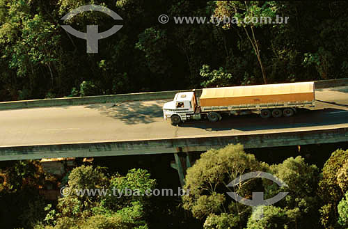  Aerial view of a truck driving along a bridge - Brazil 