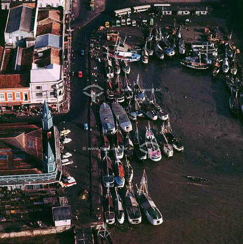  Aerial view of  Ver-o-Peso Market (See the Weight Market) (1) with fishing boats to the right and the Mercado de Peixes (Fish Market) (2) to the left - Belem historic city center - Para state - Brazil  (1) Founded in 1688, is the main touristic atra 