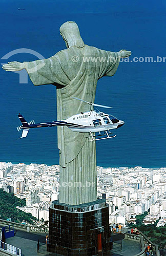  Helicopter flying next to Christ the Redeemer statue - Corcovado Mountain - Rio de Janeiro city - Rio de Janeiro state - Brazil 