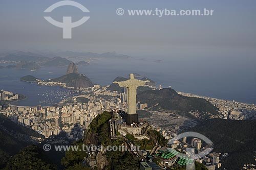  Subject: Aerial view of Christ the Redeemer on Corcovado mountain with Suggar Loaf in the background / Place: Rio de Janeiro City - Rio de Janeiro State - Brazil / Date: November 2008 