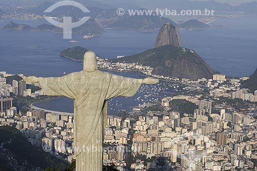  Subject: Aerial view of Christ the Redeemer on Corcovado mountain with Suggar Loaf in the background / Place: Rio de Janeiro City - Rio de Janeiro State - Brazil / Date: November 2008 