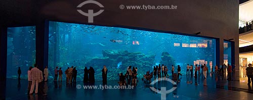  Saltwater aquarium in the Dubai Mall. Beyond Big windows, the aquarium got a tunnel from where the center of the aquarium can be seen   - Dubai city - United Arab Emirates