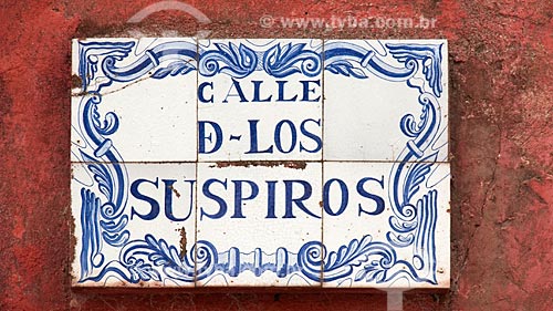  Portuguese tiles at Calle de los Suspiros street, typical portuguese street,  with houses on each side belonging to the first colonial period   - Colonia do Sacramento city - Uruguay