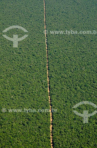  Subject: Aerial view of dirt road in an area of cerradao preserved / Place: Querencia city - Mato Grosso state (MT) - Brazil / Date: 07/2011 