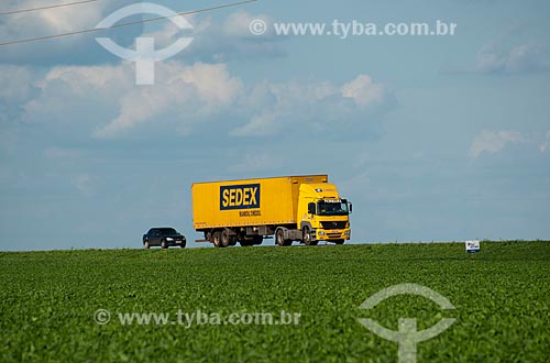  Subject: Bau truck of Correios passing in soybean planting - Stretch of highway BR - 153 / Place: Rondonopolis city - Mato Grosso state (MT) - Brazil / Date: 12/2011 