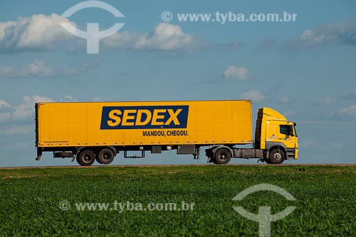  Subject: Bau truck of Correios passing in soybean planting - Stretch of highway BR - 153 / Place: Rondonopolis city - Mato Grosso state (MT) - Brazil / Date: 12/2011 