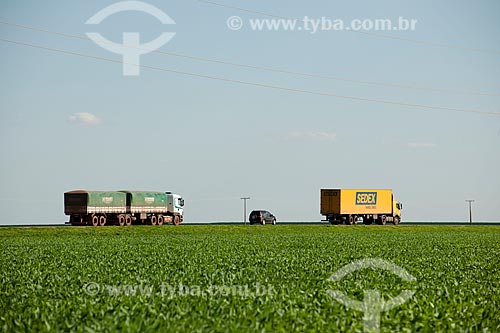  Subject: Bau truck of Correios passing in soybean planting - Stretch of highway BR - 153 / Place: Rondonopolis city - Mato Grosso state (MT) - Brazil / Date: 12/2011 