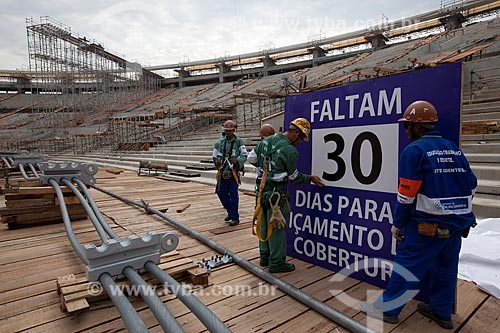  Reform Journalist Mario Filho Stadium - also known as Maracana - plaque informing period to hoisting cables that will support the roof of the stadium  - Rio de Janeiro city - Rio de Janeiro state (RJ) - Brazil